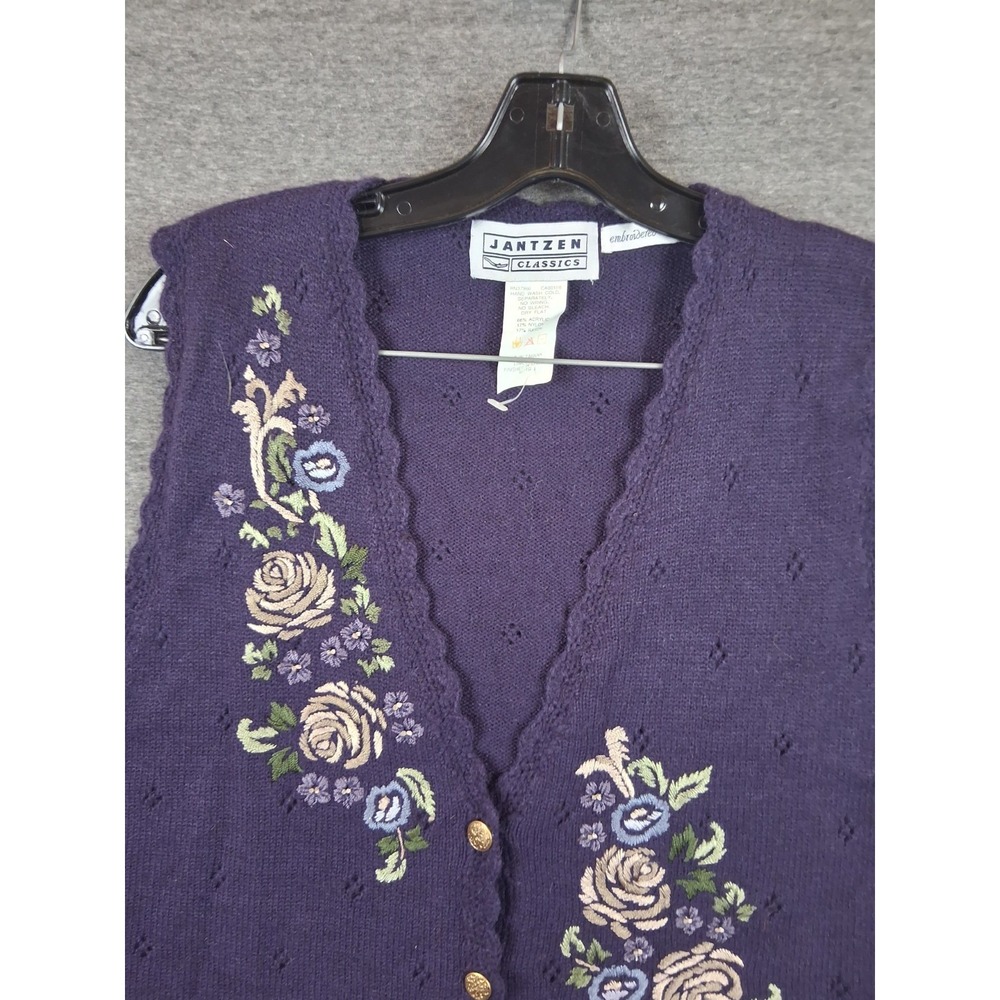 Jantzen Womens Sweater‎ XL Purple Hand Embroidered Scalloped Cardigan Vest